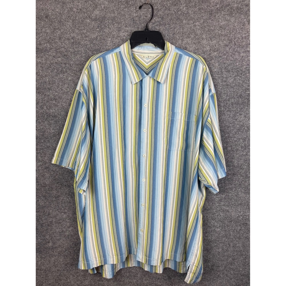 Tommy Bahama Silk‎ Button Down Mens XXL Blue Green Striped Excellent Camp Shirt